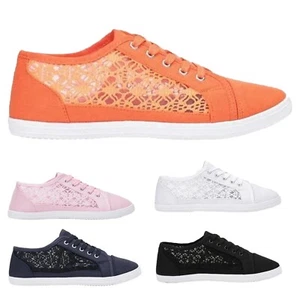 LADIES WOMENS PLIMSOLES CANVAS SNEAKERS PUMPS LACE PLIMSOLLS CROCHET TRAINERS SZ - Picture 1 of 25