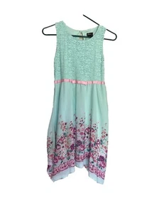Pink Violet Dress Girls Teal Lace Overlay Top Floral High Low Hem XL 14/16 - Picture 1 of 5