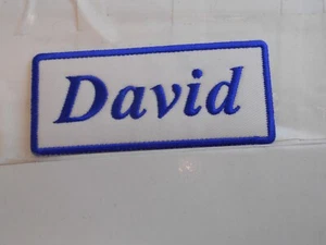 DAVID  NEW EMBROIDERED  SEW / IRON ON NAME PATCH BLUE ON WHITE - Picture 1 of 3