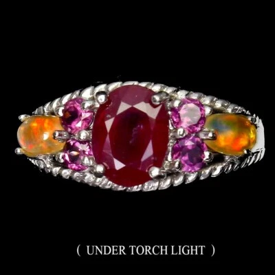 925 Sterling Silver Ring Oval Ruby 8x6mm Fire Opal Rhodolite Gemstone Jewelry 7 - Image 1 of 4