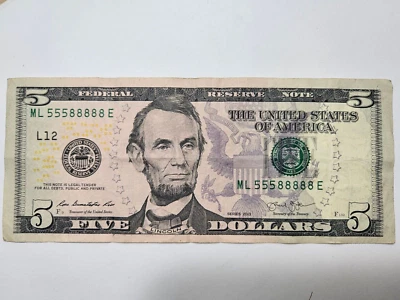 ML 55588888 E   VERY FANCY SERIAL NUMBER 2013  $5 FIVE DOLLAR BILL - Image 1 of 2