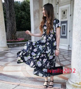 ZARA NEW WOMAN LONG FLORAL PRINT DRESS A-LINE NAVY BLUE XS-XL 2183/053 - Picture 1 of 5