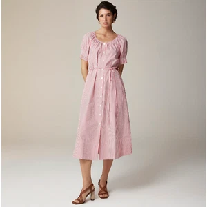 J. Crew Button Up Midi Dress Striped Cotton Poplin Puff Sleeve Red White XS NWT - Picture 1 of 15