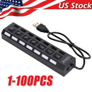 USB Hub 7 Port On/Off Switch High Speed Splitter AC Adapter Cable PC Laptop Lot - Picture 1 of 27