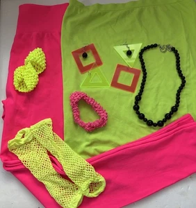 Ladies 80s Aerobics Halloween Costume Sz Large 1980s Gym Neon Work Out 8 Pc - Picture 1 of 13