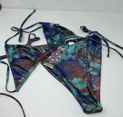 Conjunto de Bikini Boohoo Talla 12 EE. UU. (Reino Unido 16) Traje de Baño Multicolor Estampado Dragón Nuevo con Etiquetas Foto 1 de 2