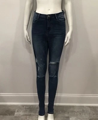 Pantalones de mezclilla ajustados Missguided para mujer talla 6 altos lavado oscuro desgastados elásticos cintura alta Foto 1 de 4