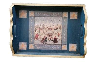 Christmas Starry Night Peace On Earth Wood Dining Serving Tray Handmade Painted - Image 1 of 4