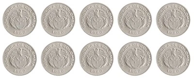 Colombia 10 Centavos, 1952-1966, KM #212.1, VF-Very Fine X 10 PCS - Image 1 of 4