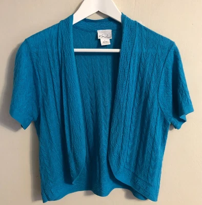 Cárdigan de Colección KIM ROGERS Verde Azulado Bolero Suéter Talla L Frente Abierto Manga Corta EE. UU. Foto 1 de 4