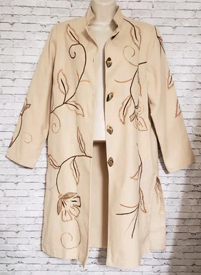 RARE Vintage Alex Kim Duster Floral Embroidered Coat Womens S Artsy Wood Buttons - Image 1 of 4