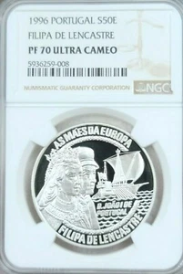 1996 PORTUGAL SILVER 50 EURO FILIPA DE LENCASTRE NGC PF 70 ULTRA CAMEO POP 1 - Picture 1 of 4