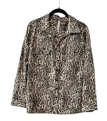 NY Collection Womens P/L Top Shirt Blouse Black Brown Leopard Roll Tab Button  - Image 1 of 4