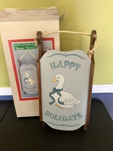 Vintage Happy Holidays Sled Hanging Decor Knick Knack Shelf Country Goose Bow - Picture 1 of 10