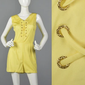 Large 1970s Womens Yellow Romper Vintage Sleeveless Short Summer Beach Wear - Picture 1 of 10