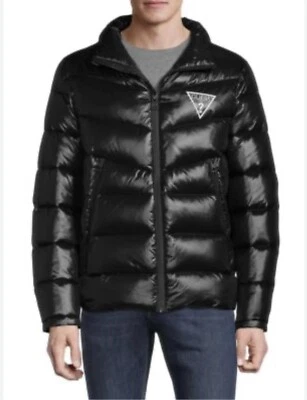 Casaco masculino Guess logotipo acolchoado tamanho pequeno preto gola alta zíper completo novo com etiquetas - Imagem 1 de 4