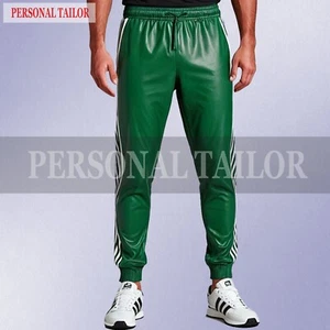 Men's Lambskin Green Leather Track Trouser Sweat Pants Stripes Jogger Trouser - Picture 1 of 3