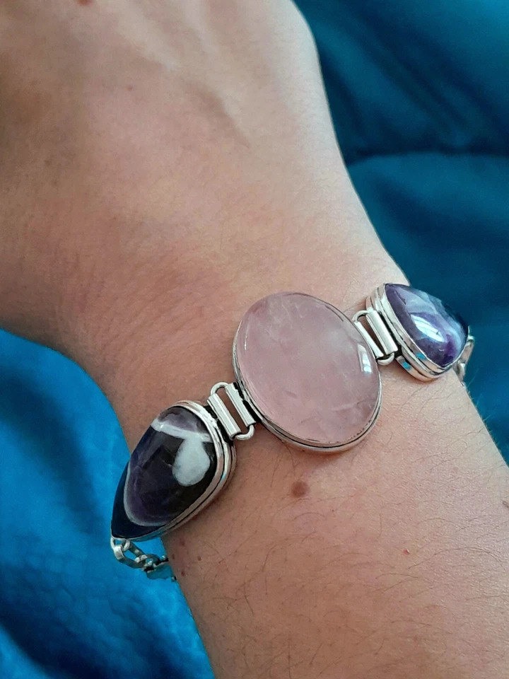 BRACCIALE DONNA ARGENTO MASSICCIO 925, AMETISTA E QUARZO ROSA NATURALI CABOCHON - Immagine 1 di 4