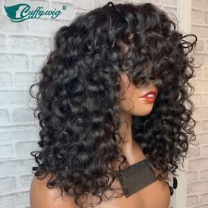 Loose Curly With Bangs Brazilian Human Hair Wigs Scalp Top Full Machine Made Wig