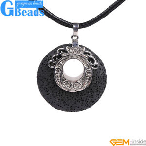 Leather Rope Necklace For Women Coin Lava Volcanic Sponge Stone Pendant 40mm