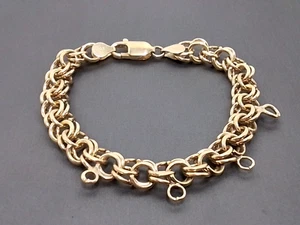 14k Gold Double Link Charm Bracelet - 22.9G - 7.5” - 9mm Width - Picture 1 of 9