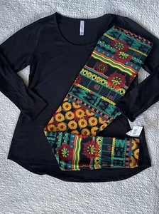 Lularoe Lynnae Outfit Large Solid Black TC MultiColor Floral Medallions Leggings - Picture 1 of 4