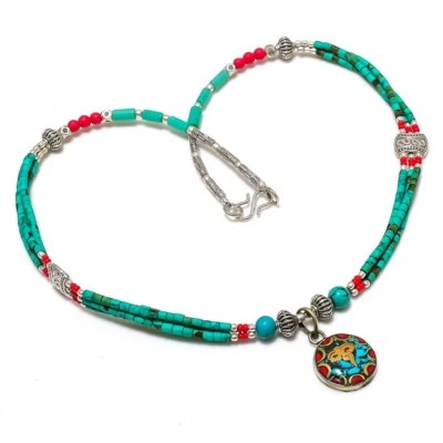 Collar de plata de ley 925 turquesa tibetana natural, piedras preciosas de coral 18" P199 Foto 1 de 4