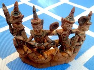 Antique ' Tibetan Musicians Wood Carving ' Hand Carved Temple Burma Thai RARE - Picture 1 of 23