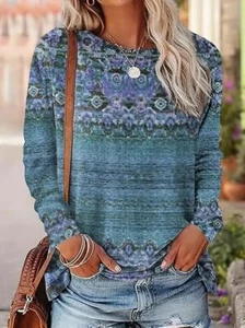 Boho Women Blue Floral Print Crew Neck T-Shirt Casual Long Sleeve Top Clothing - Picture 1 of 2