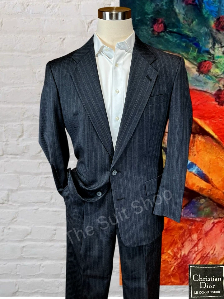 Vintage Christian Dior Mens 40R 32x29 Charcoal Gray Multi-Stripe Designer Suit - Image 1 of 4
