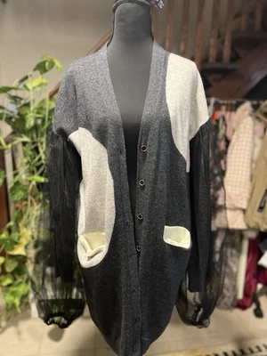 Moschino Wool-Cashmere Blend Cardigan – Dark Gray Mesh Sleeve Designer Knitwear - Image 1 of 4