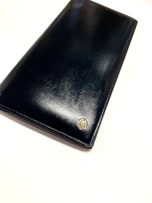 CARTIER VINTAGE PASHA GOLD CC EMBLEM LEATHER LONG WALLET BIFOLD FRANCE BLACK - Image 1 of 4