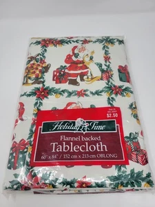 Vintage Christmas Flannel Backed Tablecloth Santa List Present Oblong 60" x 84"  - Picture 1 of 4
