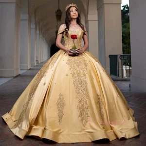 Princess Golden Quinceanera Dress Sweet 15/16Years Birthday Party Gown Gift Long - Picture 1 of 9