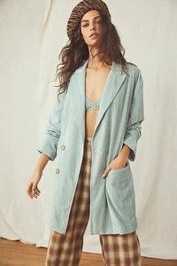 Free People Daria Crinkle Velvet Blazer MInt Green XS Double Breasted Over Sized - Picture 1 of 10