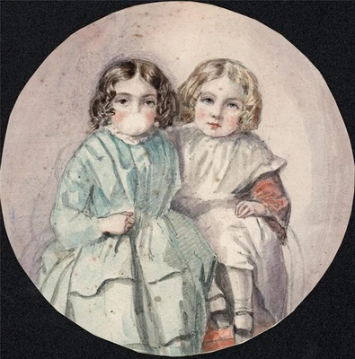 Portrait Of 2 Young Girls Victorian Miniature Watercolour Painting 19th Century - image 1 of 2