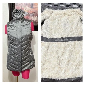 Eddie Bauer Daunen Full Zip Long Deep Fleece Fell gefüttert Weste Damen M grau silber - Bild 1 von 16