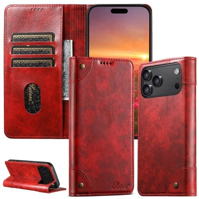 Funda tipo billetera retro de cuero PU abatible para iPhone 17 Pro Max 16 15 14 13 12 11 Foto 1 de 4