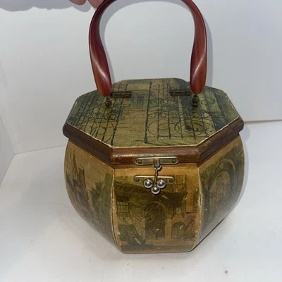 Anton Pieck Vtg Octagon Wood Purse Lucite Handel Don Davey New Orleans Prints - Image 1 of 4