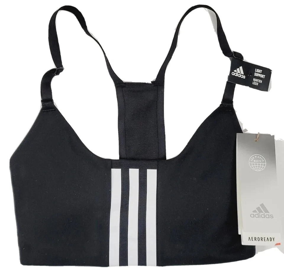 adidas HE9065 Women's Black/White 3-Stripe Powerimpact Training Sports Bra sz Lg