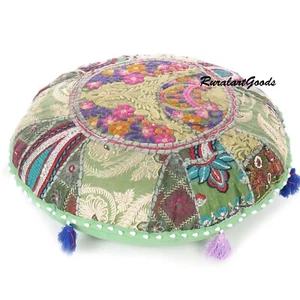 32 In Indian Handmade Cotton Pillow , L Green Multi Bohemian Floor Cushion Cover - Picture 1 of 6