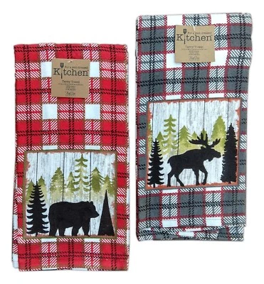 KAY DEE DESIGNS Set of 2 MOOSE & BEAR Plaid Simple Living Lodge Kitchen Terry Towels by Kay Dee