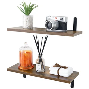2 PACK Wood Floating Shelves for Wall Decor Farmhouse Bathroom Storage Shelves - Picture 1 of 37