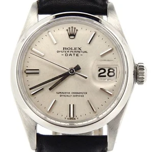 Mens Rolex Date Stainless Steel Watch Black Leather Strap Band Silver Dial 1500 - Picture 1 of 6