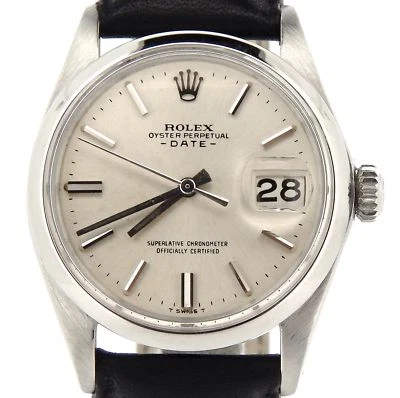 Mens Rolex Date Stainless Steel Watch Black Leather Strap Band Silver Dial 1500 - Image 1 of 4