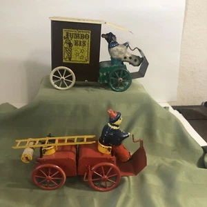 RARE FIND VTG  TIN WINDUP FIRE TRUCK AND ICE CREAM TRAILER/TRUCK (GERMAN MADE?) - Picture 1 of 24