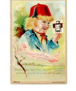 Trade Card New Home Sewing Machine Blond Boy Wears Red Fez Hat & Holds Picture - Picture 1 of 1