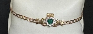 IRISH 14K YELLOW GOLD EMERALD AND CZ CLADDAGH BRACELET - Picture 1 of 9