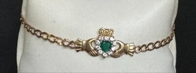 IRISH 14K YELLOW GOLD EMERALD AND CZ CLADDAGH BRACELET - Image 1 of 4