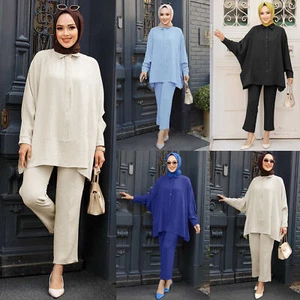 Soild Color Women Muslim Long Sleeve Blouse Top Wide Leg Pants Sets Islamic Suit - Picture 1 of 24